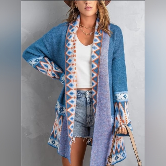Chic Blue Aztec Cardigan Sweater Boutique Item - Picture 8 of 13